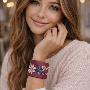 Modern Boho Wine Embroidered Cuff Bracelet